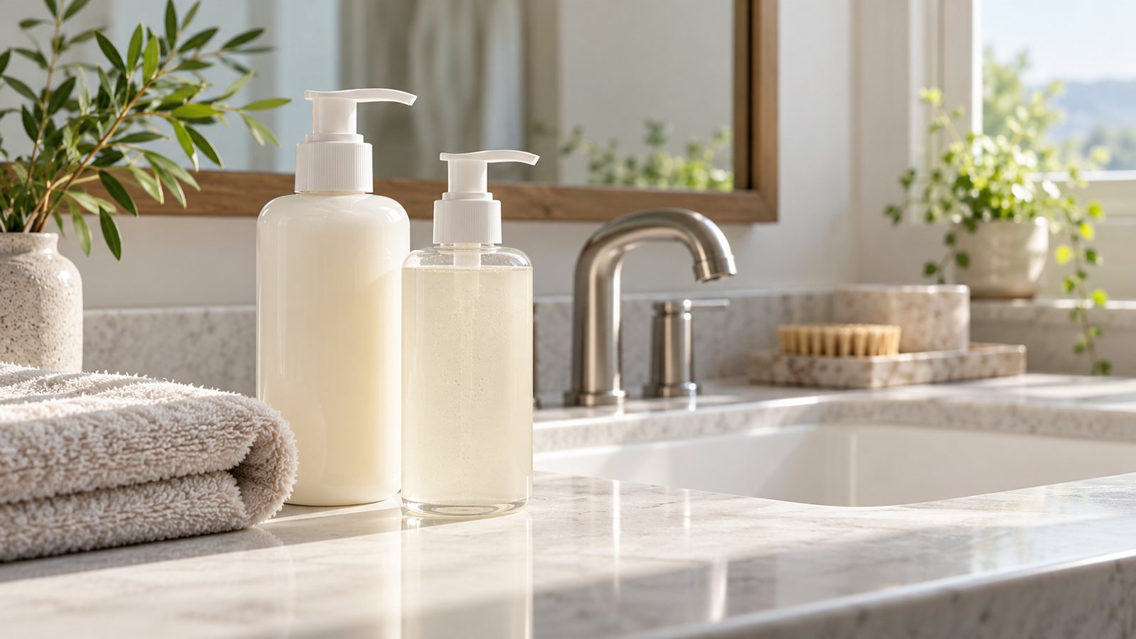 Cleanser bottles beside a sink (illustrative)