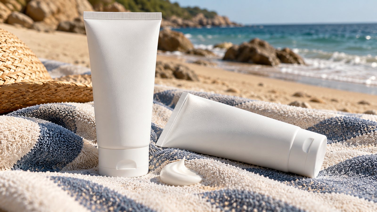 Mineral sunscreen tubes on a towel (illustrative)