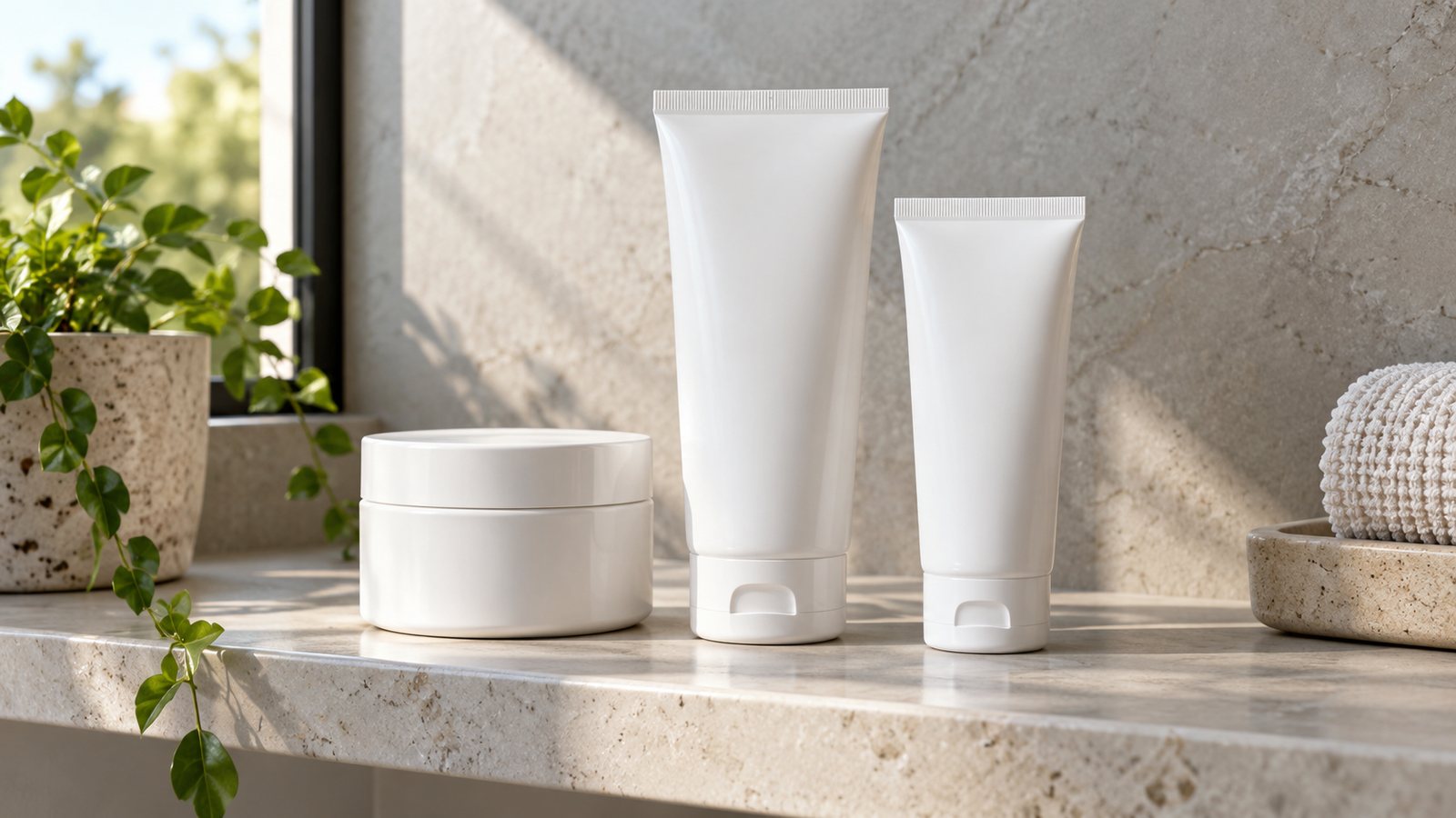 Moisturizer jars on a bathroom shelf (illustrative)